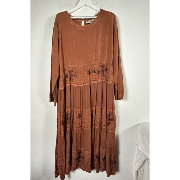 24 Karat Womens Boho Chic Rust Orange Embroidered Tiered Maxi Dress Size Medium - Picture 1 of 10